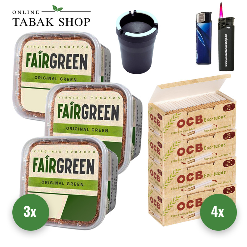 Fairgreen Tabak (3 x 270g) + 1.000 OCB Organic Hülsen + Sturmfeuerzeug + Feuerzeug + Auto Aschenbecher