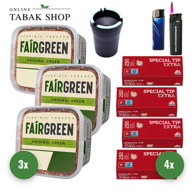 Fairgreen Tabak (3 x 270g) + 1.000 Gizeh Special Tip Extra Hülsen + Sturmfeuerzeug + Feuerzeug + Auto Aschenbecher
