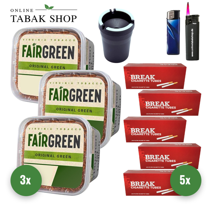 Fairgreen Tabak (3 x 270g) + 1.000 Break Hülsen + Sturmfeuerzeug + Feuerzeug + Auto Aschenbecher