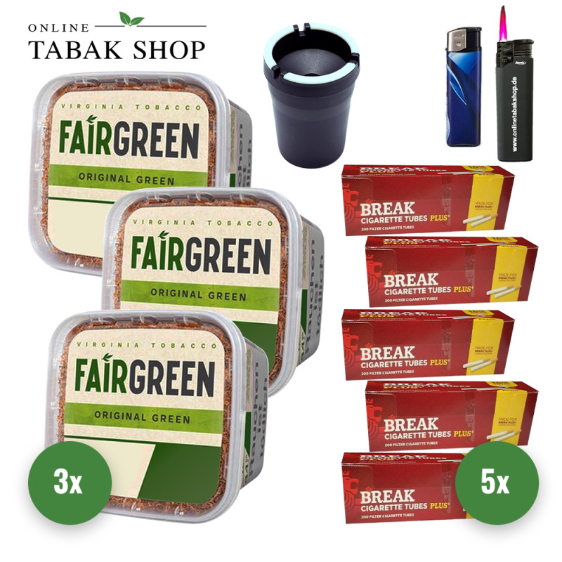 Fairgreen Tabak (3 x 270g) + 1.000 Break Plus Hülsen + Sturmfeuerzeug + Feuerzeug + Auto Aschenbecher