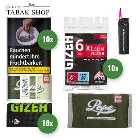 Pepe Tabak (10 x 30g) + Gizeh Blättchen (10 x 100er)+ Gizeh Black XL Filter (10 x 100er) + Pepe Tabak Pouch + 1 Sturmfeuerzeug