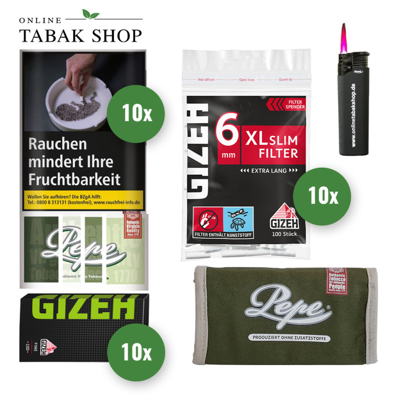 Pepe Tabak (10 x 30g) + Gizeh Black Fine Blättchen (10 x100)+ Gizeh Black XL Tips (10x100) + Pepe Tabak Pouch + 1 Sturmfeuerzeug