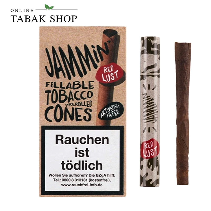 Jammin Red Lust Fillable Prerolled Tobacco Cones mit Aktivkohlefilter (1 x 2 Stück)