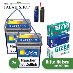 Elixyr Blue Tabak (2 x 245g) + 1.000 Hülsen + 1 Sturmfeuerzeug + 1 Feuerzeug