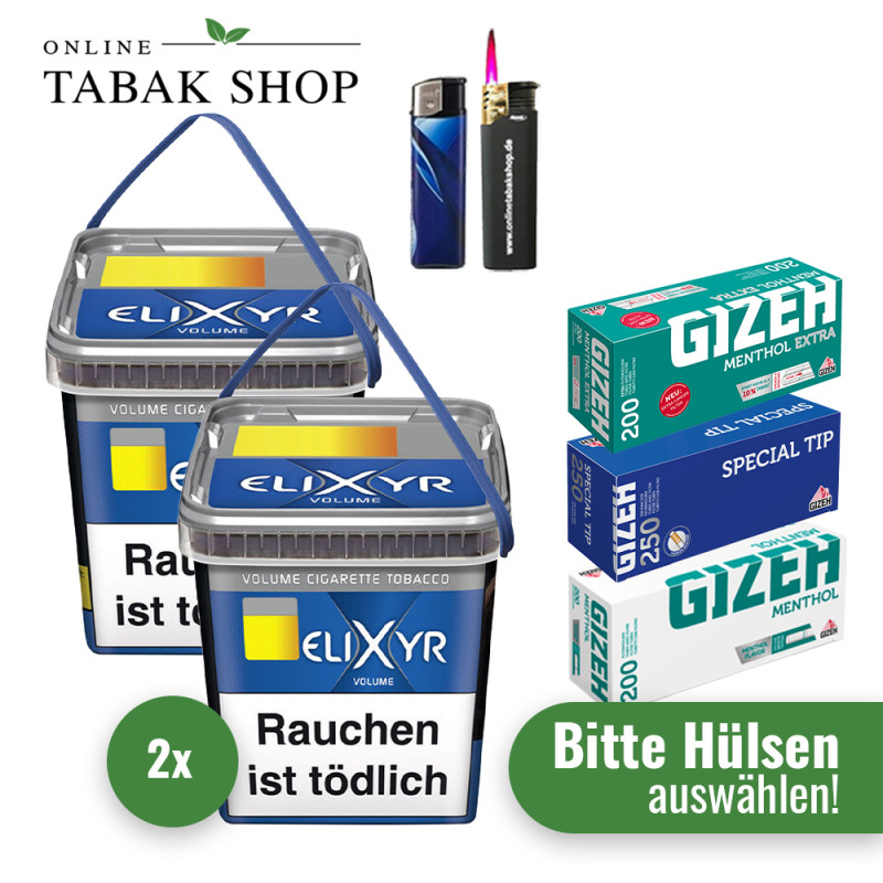 Elixyr Blue Tabak (2 x 260g) + 1.000 Hülsen + 1 Sturmfeuerzeug + 1 Feuerzeug