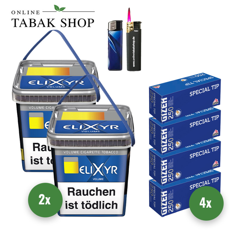Elixyr Blue Tabak (2 x 260g) + 1.000 Gizeh Special Tip Hülsen + 1 Sturmfeuerzeug + 1 Feuerzeug