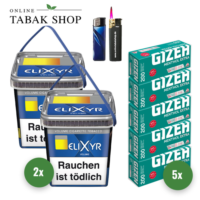 Elixyr Blue Tabak (2 x 260g) + 1.000 Gizeh Menthol Extra Hülsen + 1 Sturmfeuerzeug + 1 Feuerzeug