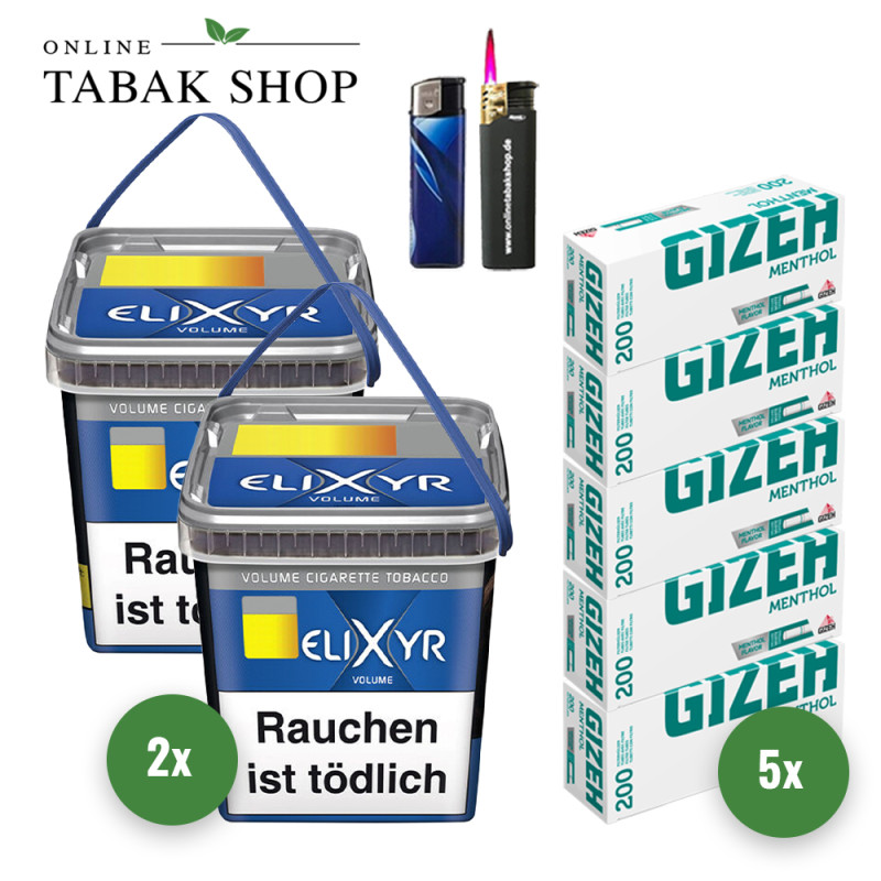 Elixyr Blue Tabak (2 x 260g) + 1.000 Gizeh Menthol Hülsen + 1 Sturmfeuerzeug + 1 Feuerzeug