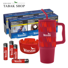 Winston Blue 6XL (6 x 58er) + 4 Clipper Feuerzeuge + XXL Trinkbecher + Glas Aschenbecher