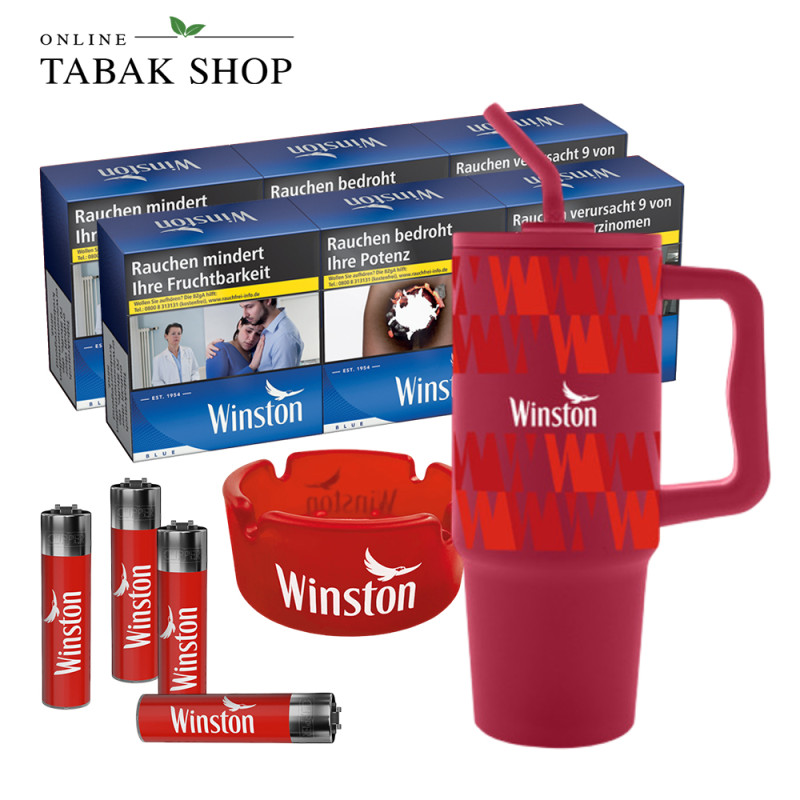 Winston Blue 6XL (6 x 60er) + 4 Clipper Feuerzeuge + XXL Trinkbecher + Glas Aschenbecher