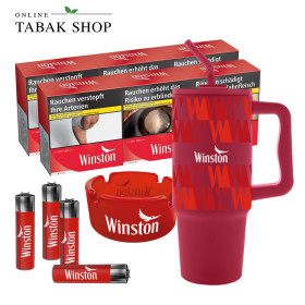 Winston Red 6XL (6 x 58er) + 4 Clipper Feuerzeuge + XXL Trinkbecher + Glas Aschenbecher