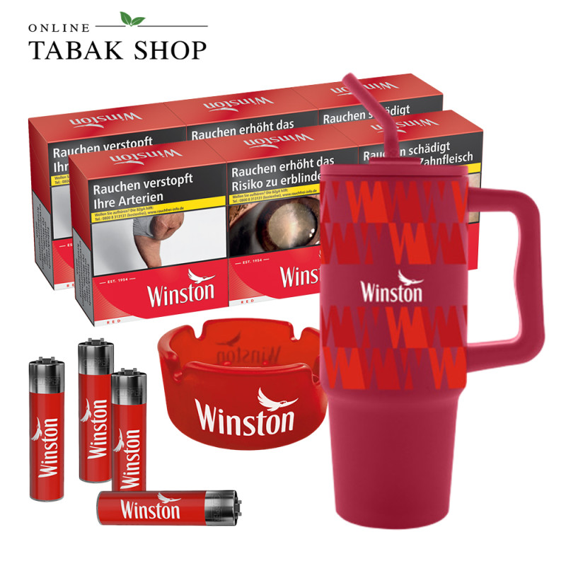 Winston Red 6XL (6 x 60er) + 4 Clipper Feuerzeuge + XXL Trinkbecher + Glas Aschenbecher