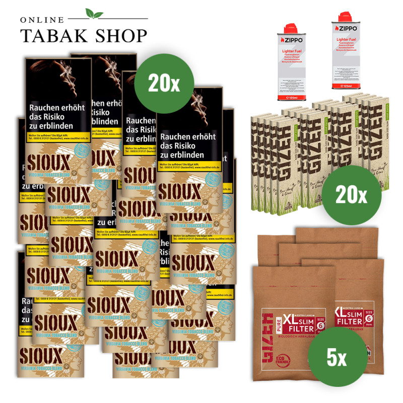 Sioux Virginia Blue (20x30g)+GIZEH Hanf King Size Slim Blättchen (20x34er)+GIZEH Pure XL Slim Filter (5x120er)+2 Zippo Benzin