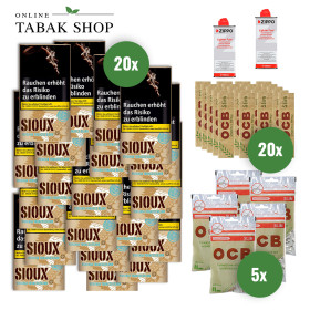 Sioux Virginia Blue (20x 30g)+OCB Organic Hemp Slim (20x 32er)+OCB Organic Slim Filter (5x 120er)+2 Zippo Benzin
