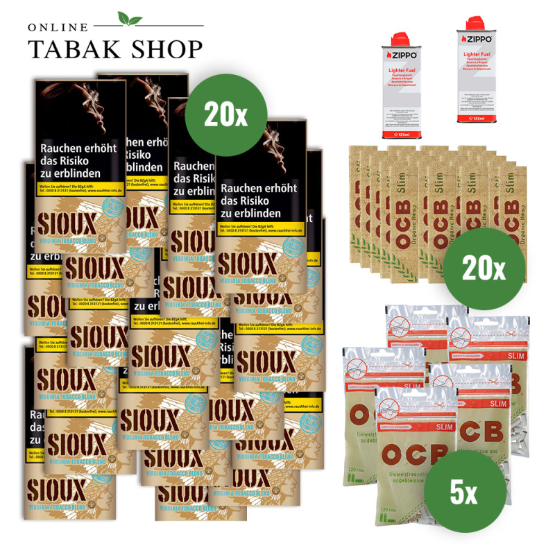 Sioux Virginia Blue (20x 30g)+OCB Organic Hemp Slim (20x 32er)+OCB Organic Slim Filter (5x 120er)+2 Zippo Benzin