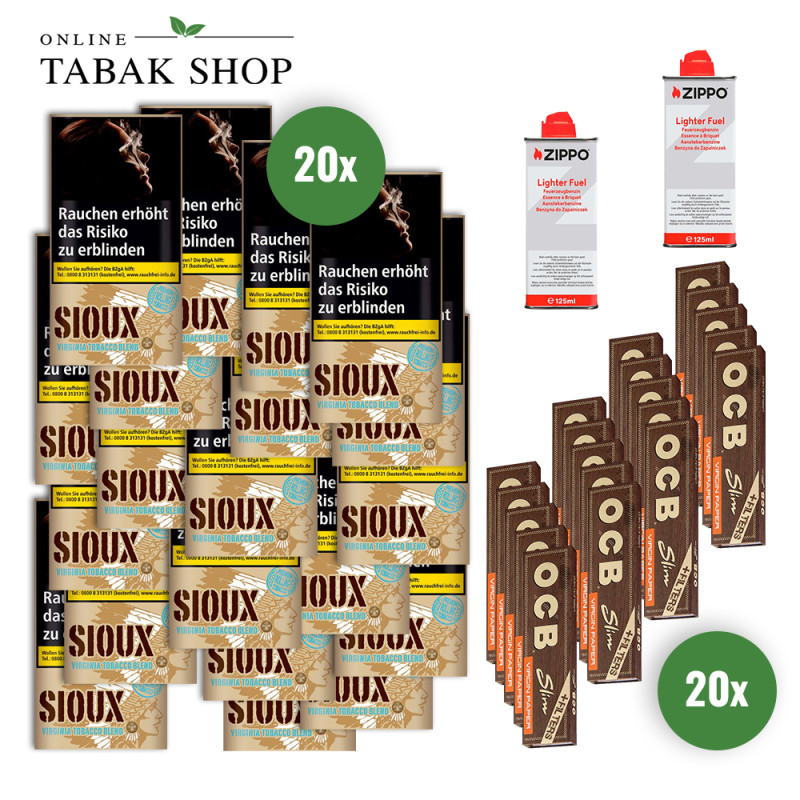 Sioux Virginia Blue (20x 30g)+OCB Virgin Slim Unbleached&Tips (20x 32)+2 Zippo Benzin