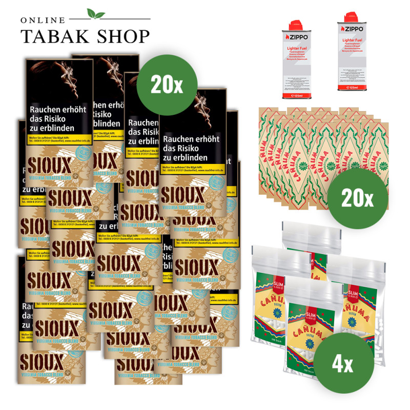 Sioux Virginia Blue (20x 30g)+CANUMA Bambus King Size Slim Blättchen (20x 32)+CANUMA Filter (4x 150)+2 Zippo Benzin