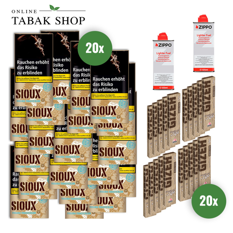 Sioux Virginia Blue Tabak (20 x 30g) + GIZEH Brown King Size Slim & Tips (20 x 34er) + 2 Zippo Benzin