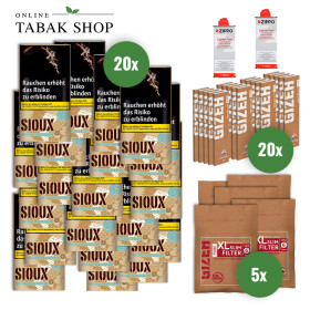 Sioux Virginia Blue (20x30g)+GIZEH Pure King Size Slim Blättchen (20x34er)+GIZEH Pure XL Slim Filter (5x120er)+2 Zippo Benzin