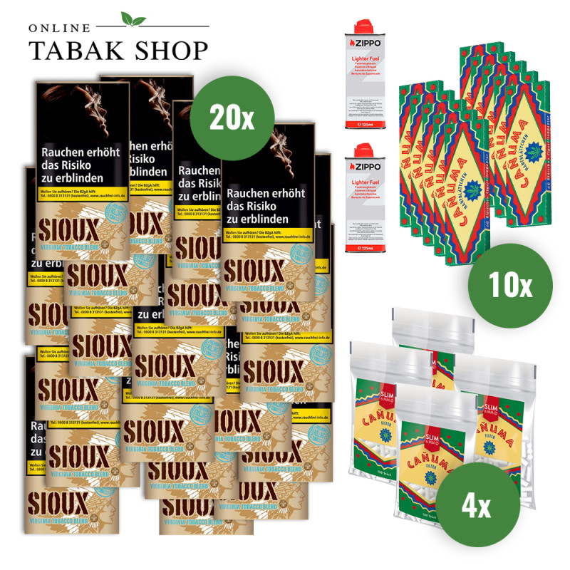 Sioux Virginia Blue (20x 30g)+Canuma Hanf Blättchen (10x 60)+Canuma Filter (4x 150)+2 Zippo Benzin