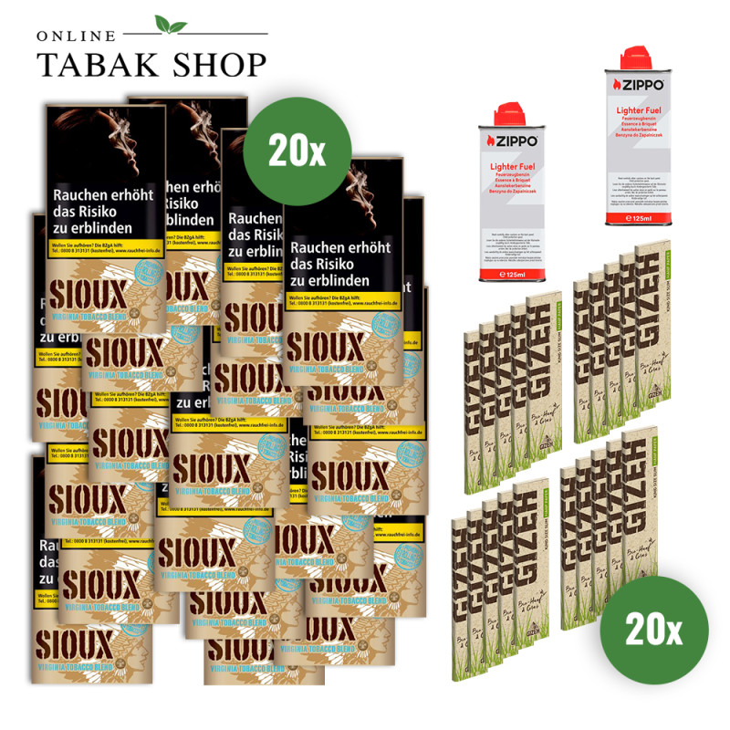 Sioux Virginia Blue (20 x 30g) + GIZEH Hanf + Gras King Size Slim & Tips (20 x 35) + 2 Zippo Benzin