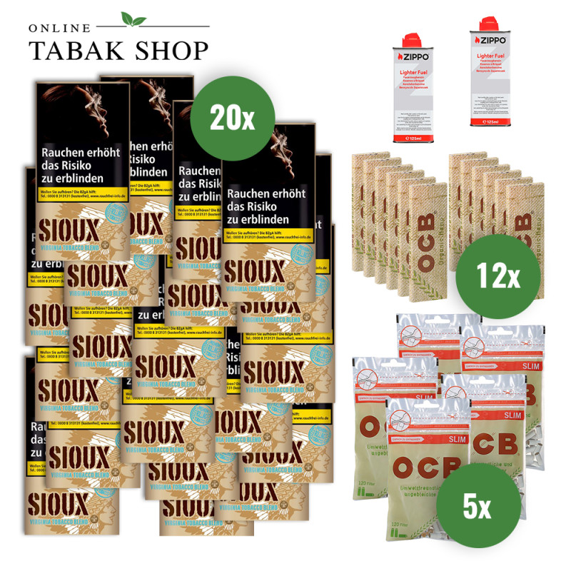 Sioux Virginia Blue (20x 30g)+OCB Organic Hemp (12x 50er)+OCB Organic Slim Filter (5x 120er)+2 Zippo Benzin