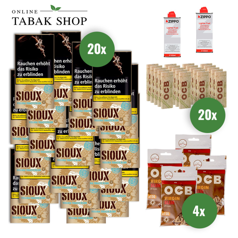 Sioux Virginia Blue (20x 30g)+OCB Organic Hemp Slim (20x 32er)+OCB Unbleached Virgin Slim Filter (4x 150er)+2 Zippo Benzin