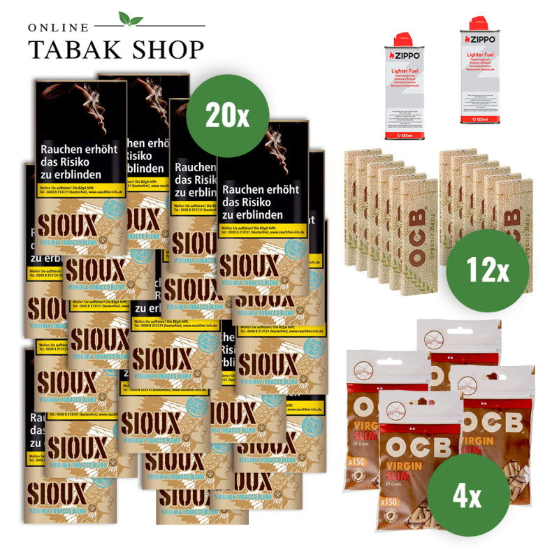 Sioux Virginia Blue (20x 30g)+OCB Organic Hemp (12x 50er)+OCB Unbleached Virgin Slim Filter (4x 150er)+2 Zippo Benzin