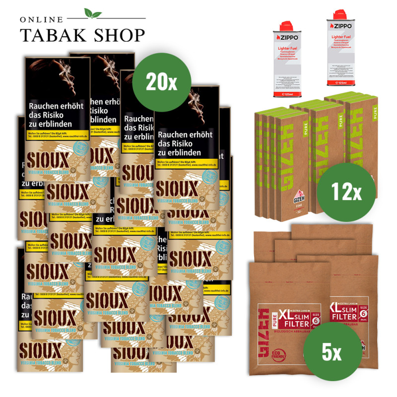 Sioux Virginia Blue (20 x 30g) + GIZEH Pure Fine Blättchen (12 x 50er) + GIZEH Pure Slim Filter (5 x 120er) + 2 Zippo Benzin