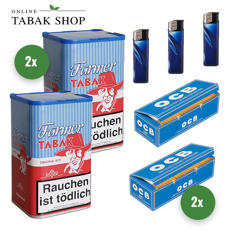 Farmer Rot Tabak / Pfeifentabak (2x 160g) + 400 OCB Hülsen + 3x Feuerzeuge