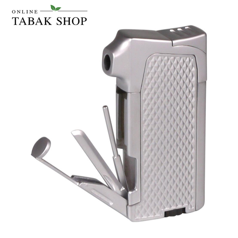 PASSATORE Pfeifenfeuerzeug Ruben Chrom matt/silber mit Pfeifenbesteck