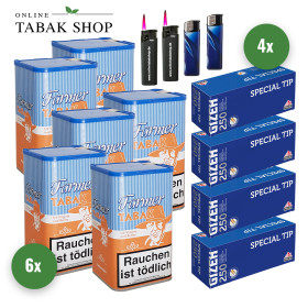 6x Farmer Tabak 160g Dose + 1000 GIZEH Special Tip Hülsen + 2 Feuerzeuge + 2 Sturmfeuerzeuge