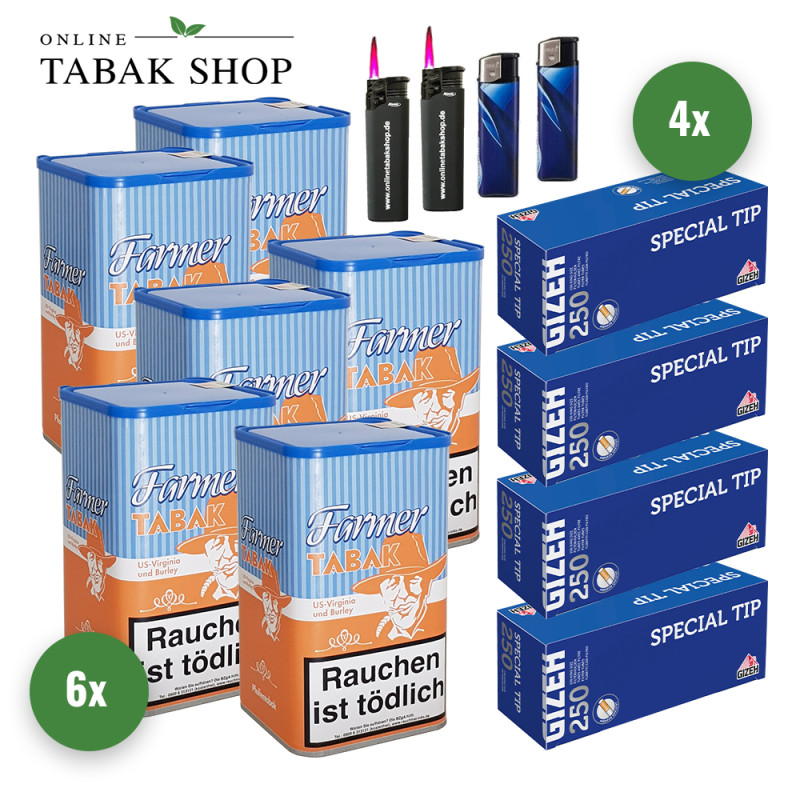 Farmer Pfeifentabak (6 x 160g) + 1.000 Gizeh Special Tip Hülsen + 2 Sturmfeuerzeuge + 2 Feuerzeuge