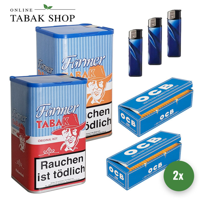 1x Farmer Tabak 160g Dose + 1x Farmer Tabak Rot 160g Dose + 400 OCB Blau Hülsen + 3 Feuerzeuge