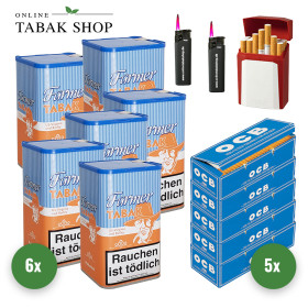 6x Farmer Tabak 160g Dose + 1000 OCB Blau Hülsen + 2 Sturmfeuerzeuge + GIZEH Flip Case