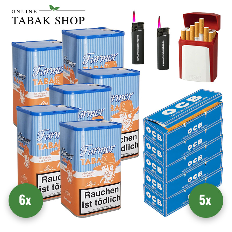 Farmer Tabak / Pfeifentabak Dose (6x 160g), 1.000 OCB Hülsen, 2 Sturmfeuerzeuge, 1 Gizeh Etui
