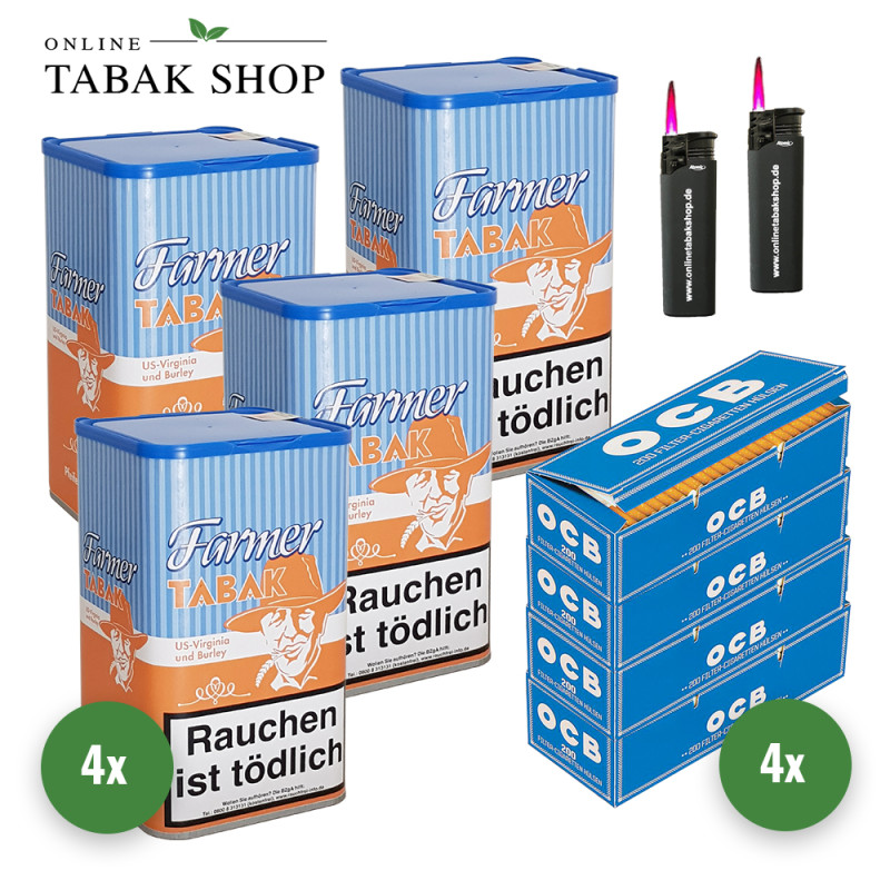 4x Farmer Tabak 160g Dose + 800 OCB Blau Hülsen + 2 Sturmfeuerzeuge