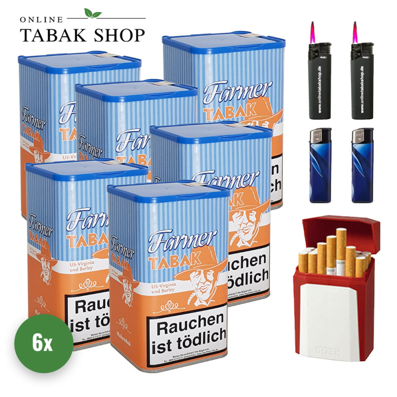 6x Farmer Tabak 160g Dose + 2 Feuerzeuge + 2 Sturmfeuerzeuge + GIZEH Flip Case