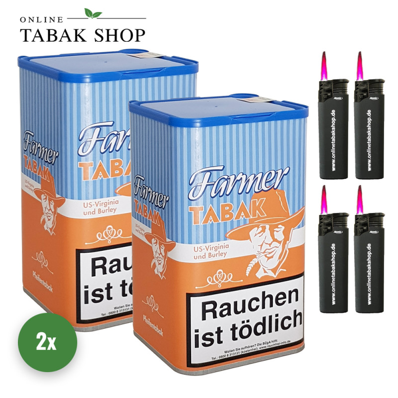 Farmer Tabak / Pfeifentabak Dose (2x 160g) + 4x Turbo Jet Sturmfeuerzeug