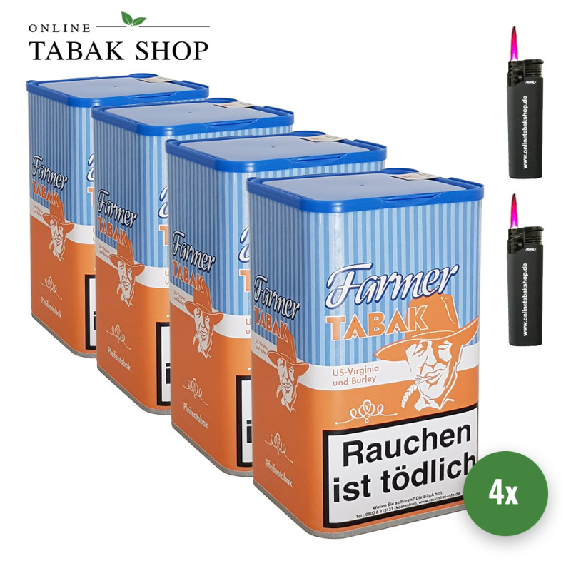 Farmer Tabak / Pfeifentabak Dose (4x 160g) + 2 Turbo Jet Sturmfeuerzeug