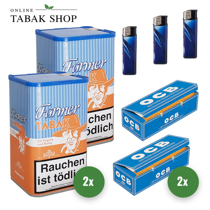 2x Farmer Tabak 160g Dose + 400 OCB Blau Hülsen + 3 Feuerzeuge