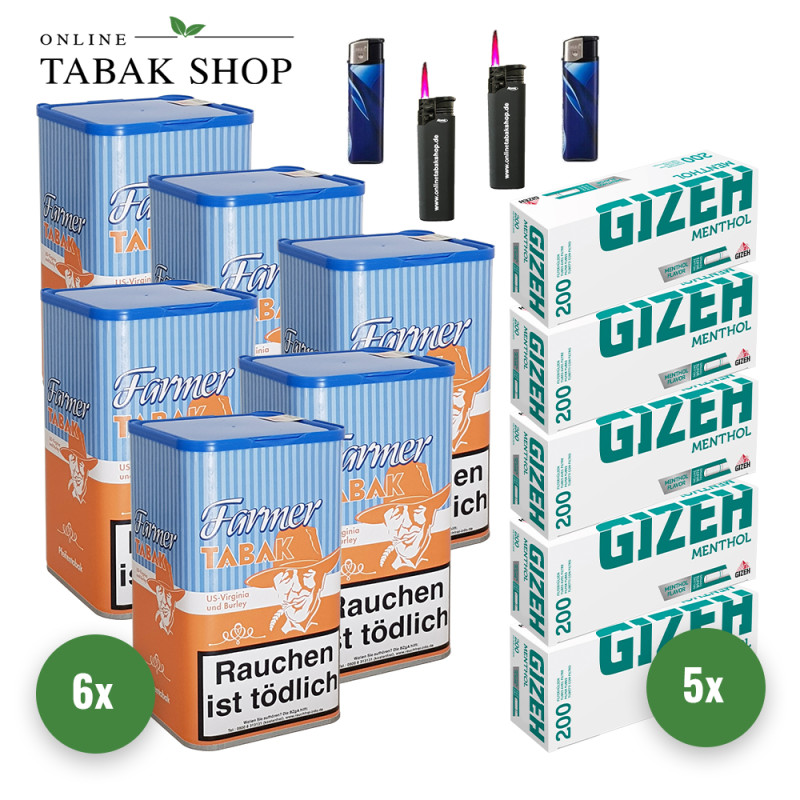 6x Farmer Tabak 160g Dose + 1000 GIZEH Menthol Hülsen + 2 Feuerzeuge + 2 Sturmfeuerzeuge