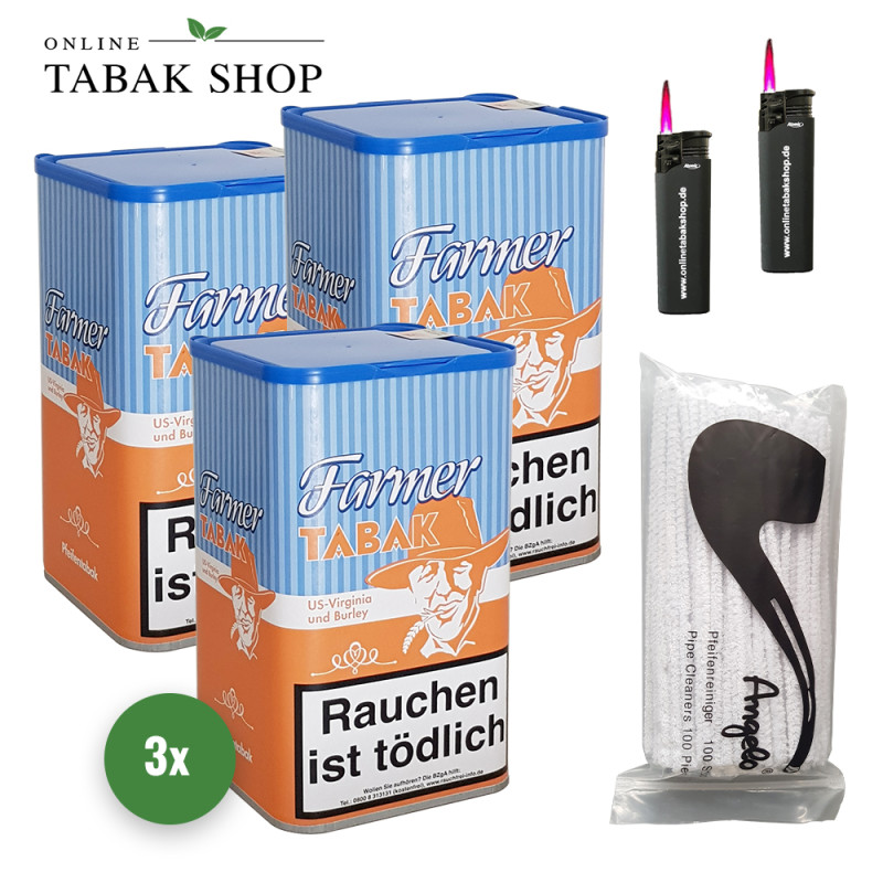 3x Farmer Tabak 160g Dose + 100 Pfeifenreiniger + 2 Sturmfeuerzeuge
