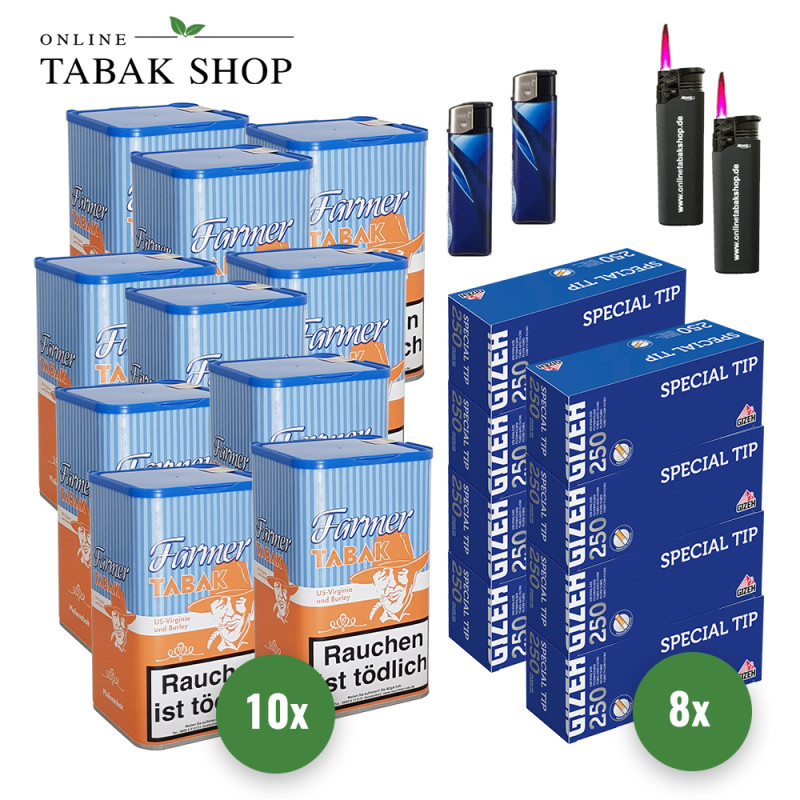 10x Farmer Tabak 160g Dose + 2000 GIZEH Special Tip Hülsen + 2 Feuerzeuge + 2 Sturmfeuerzeuge