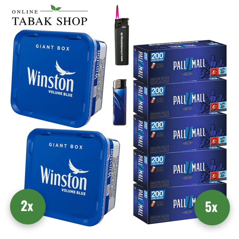 Winston Blue (2 x 165g) + 1.000 Pall Mall Blue Xtra Hülsen + 1 Sturmfeuerzeug + 1 Feuerzeug