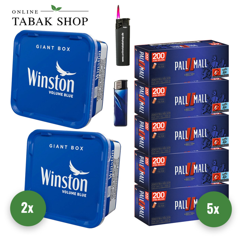 Winston Blue (2 x 165g) + 1.000 Pall Mall Red Xtra Hülsen + 1 Sturmfeuerzeug + 1 Feuerzeug
