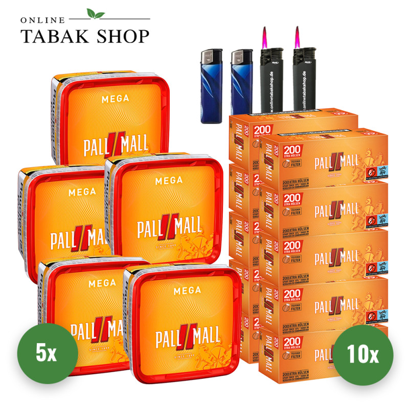 Pall Mall Allround Red Mega Box (5 x 120g) + 2 Feuerzeuge + 2 Sturmfeuerzeuge + 2.000 Hülsen orange