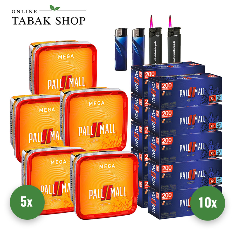 Pall Mall Allround Red Mega Box (5 x 120g) + 2 Feuerzeuge + 2 Sturmfeuerzeuge + 2.000 Hülsen rot