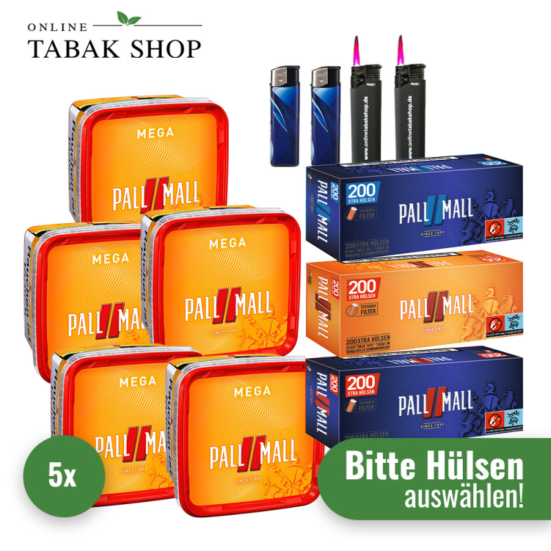 Pall Mall Allround Red Mega Box (5 x 120g) + 2 Feuerzeuge + 2 Sturmfeuerzeuge + 2.000 Hülsen
