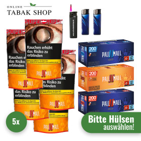 Pall Mall Allround Tabak Super (5 x 133g) + 2.000 Pall Mall Xtra Hülsen + 1 Sturmfeuerzeug + 2 Feuerzeuge